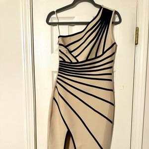 One Shoulder Cream and Black Bandage Dress.